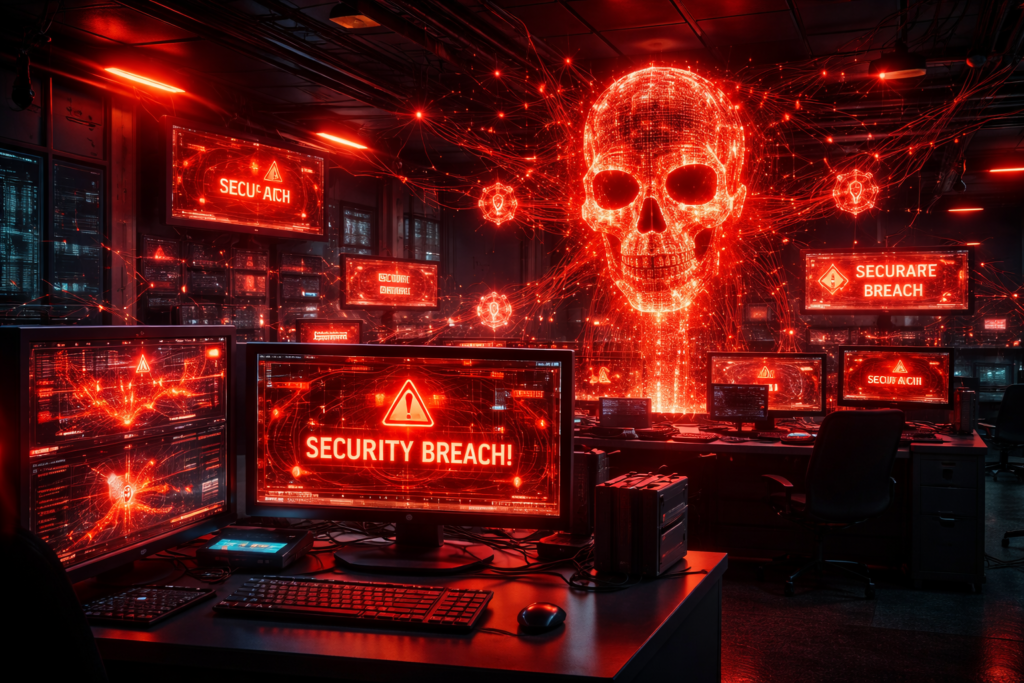 Healthcare cybersecurity attacks shown as neon red malware alerts targeting hospital network systems