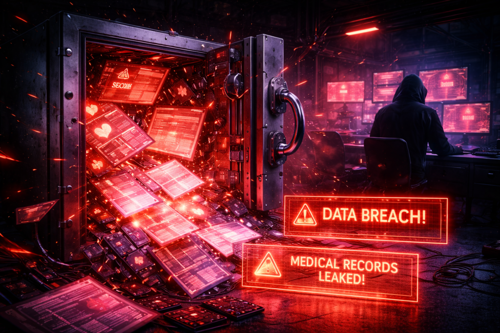 Healthcare cybersecurity breaches showing neon red digital vault with patient records exposed