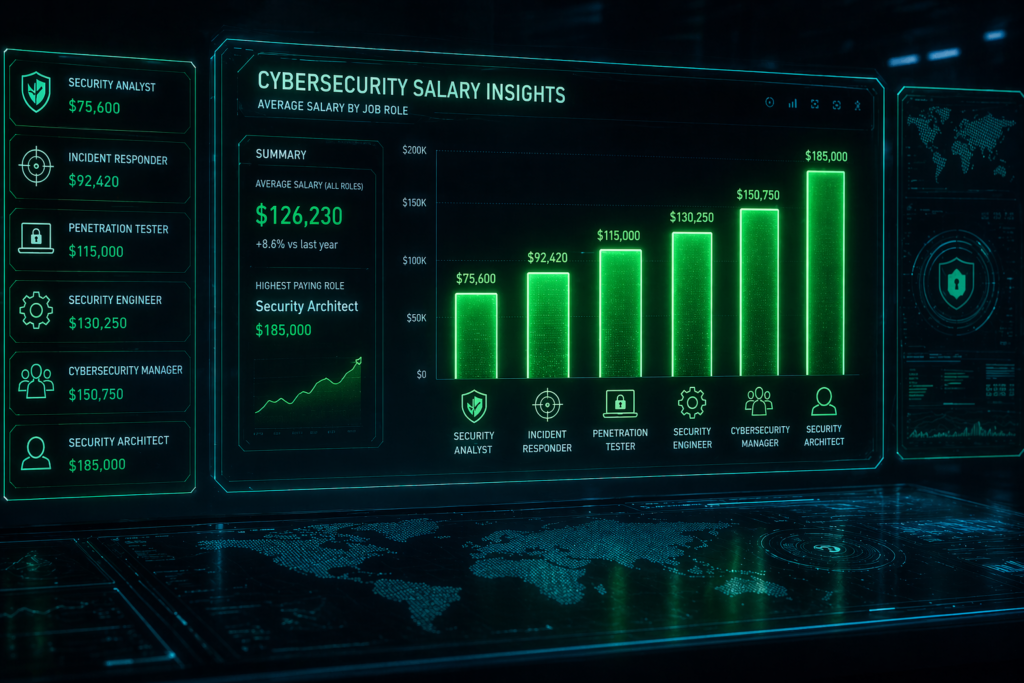 Entry level cybersecurity jobs America salary guide shown as neon green rising chart on dark dashboard