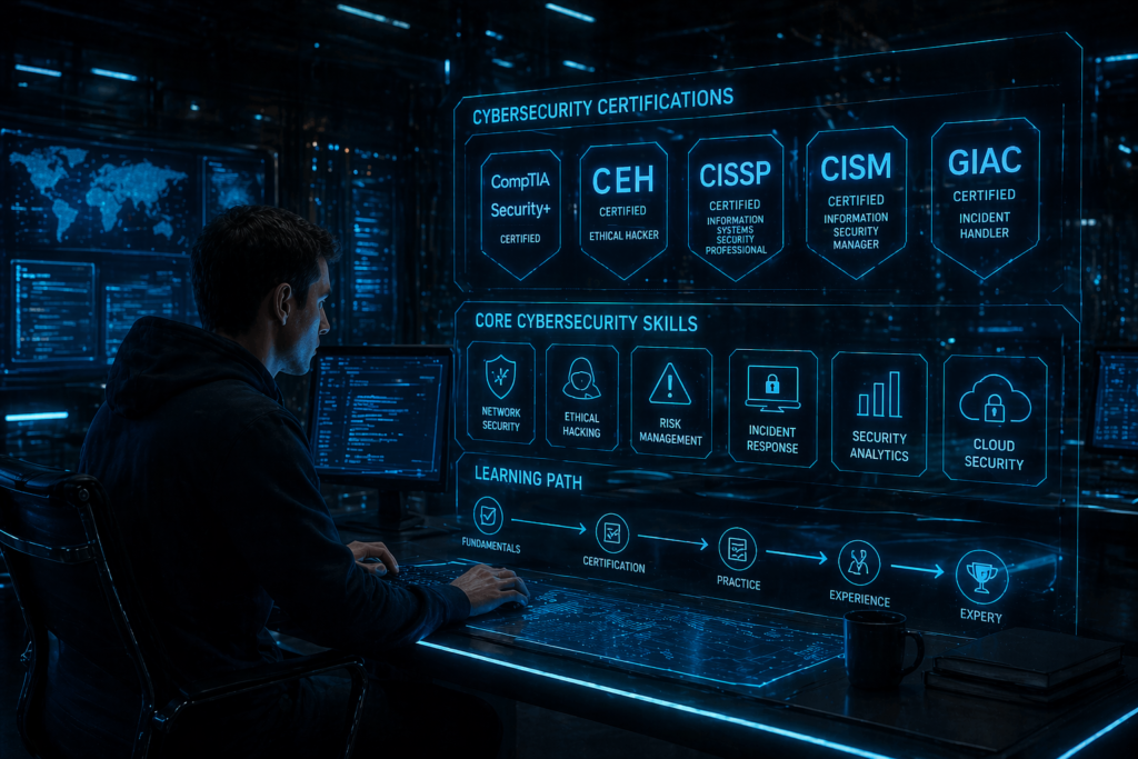 Entry level cybersecurity jobs with no experience showing neon blue certification badges and skill icons"
