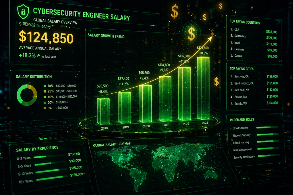 Cybersecurity engineer salary neon green chart 2026