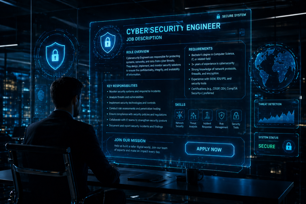 Cybersecurity engineer job description neon blue office