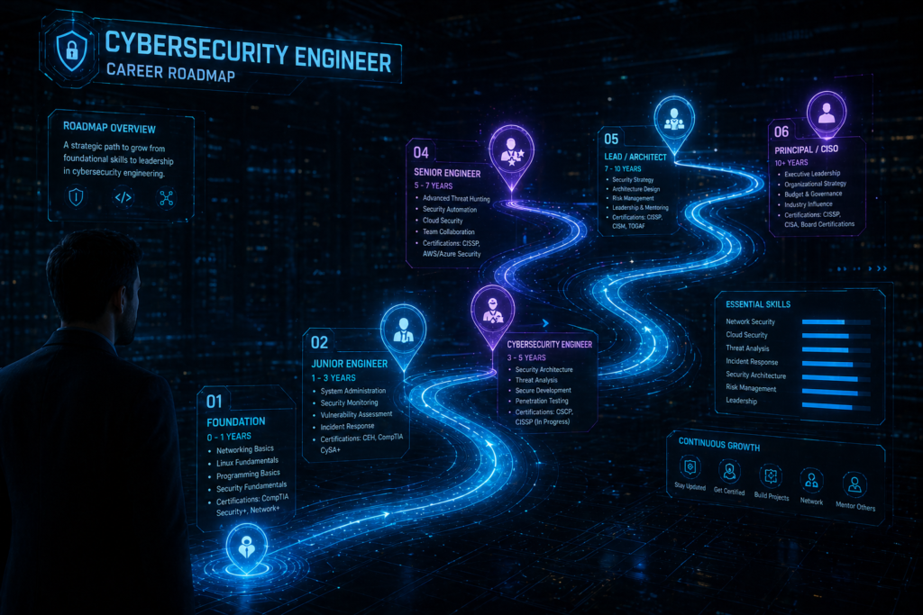 Cybersecurity engineer roadmap neon blue career path