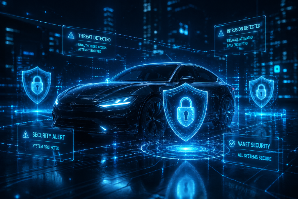Automotive cybersecurity news 2026 neon blue car shields