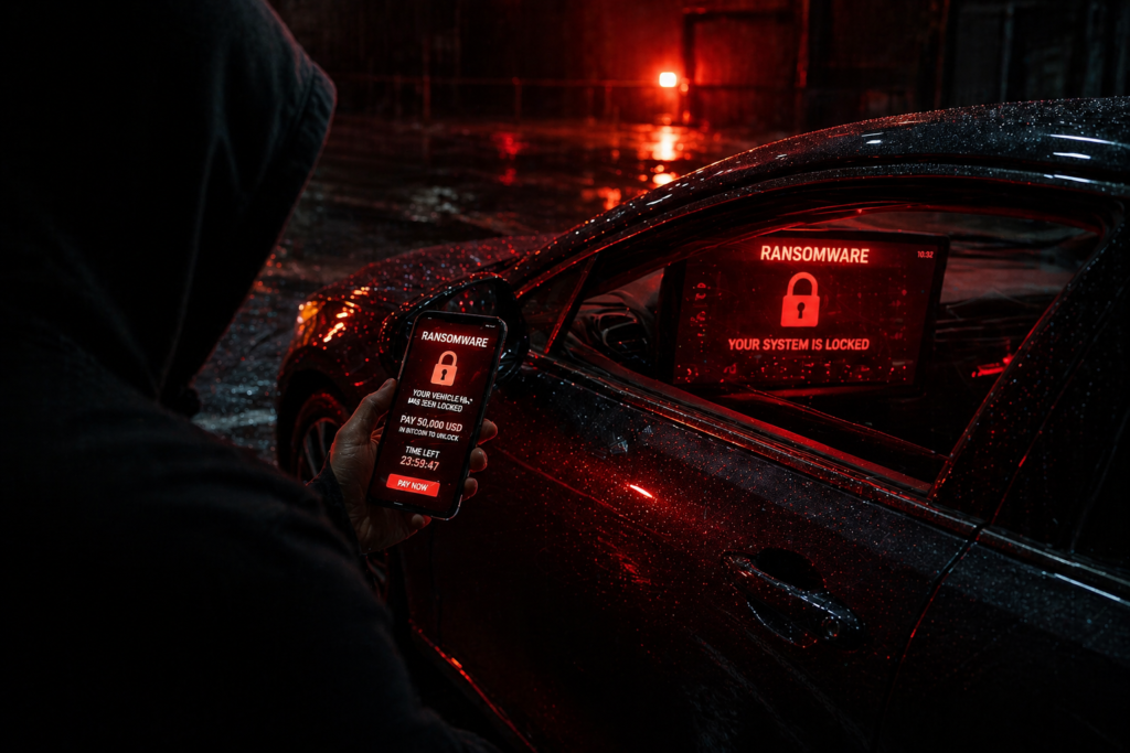 Vehicle cyber attacks ransomware locking car neon red