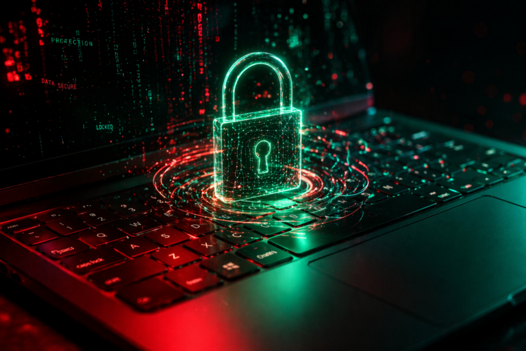 Laptop keyboard with glowing digital padlock symbol representing cyber security and data protection