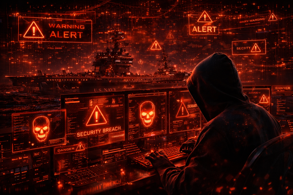 Cybersecurity high speed internet US Navy network under neon red cyberattack threat alert
