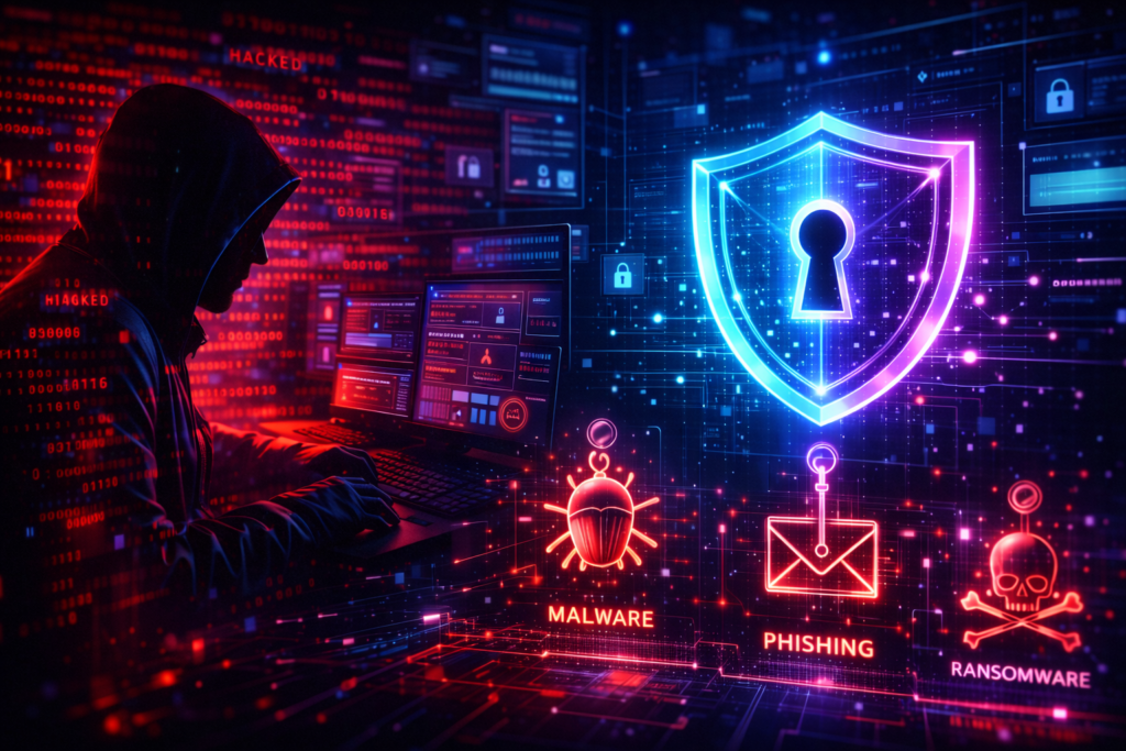 what is cybersecurity threats showing malware phishing and ransomware attacks