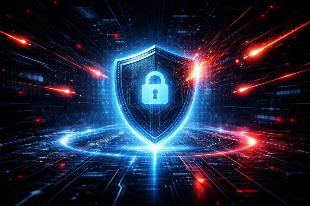 Cybersecurity shield blocking digital attacks with glowing data streams and futuristic interface in a dark neon environment