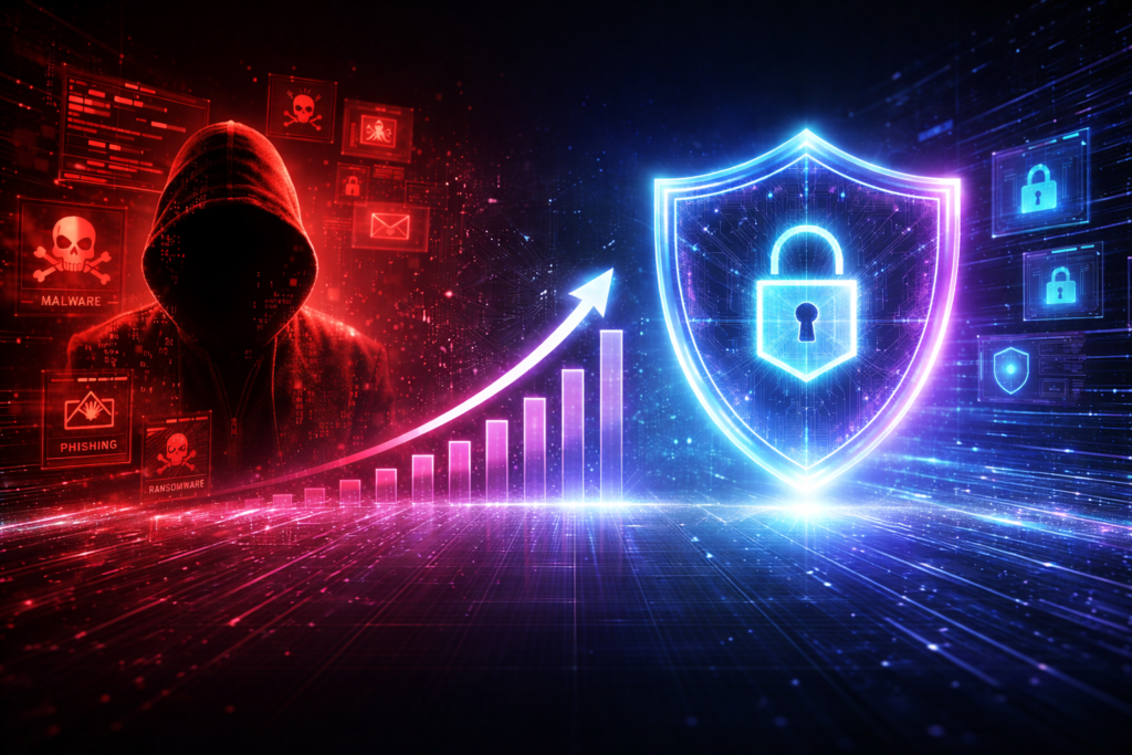 Is cybersecurity hard..?Futuristic cybersecurity banner with digital shield, hacker attack visualization and data protection interface