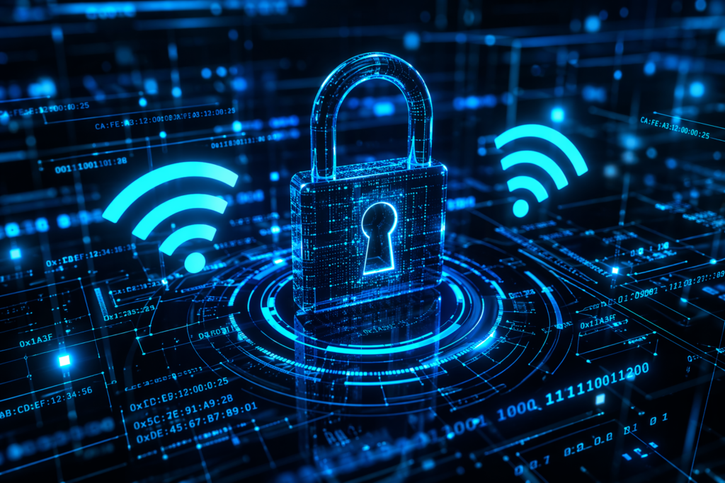 What is the network security key shown as glowing neon blue digital lock with Wi-Fi waves