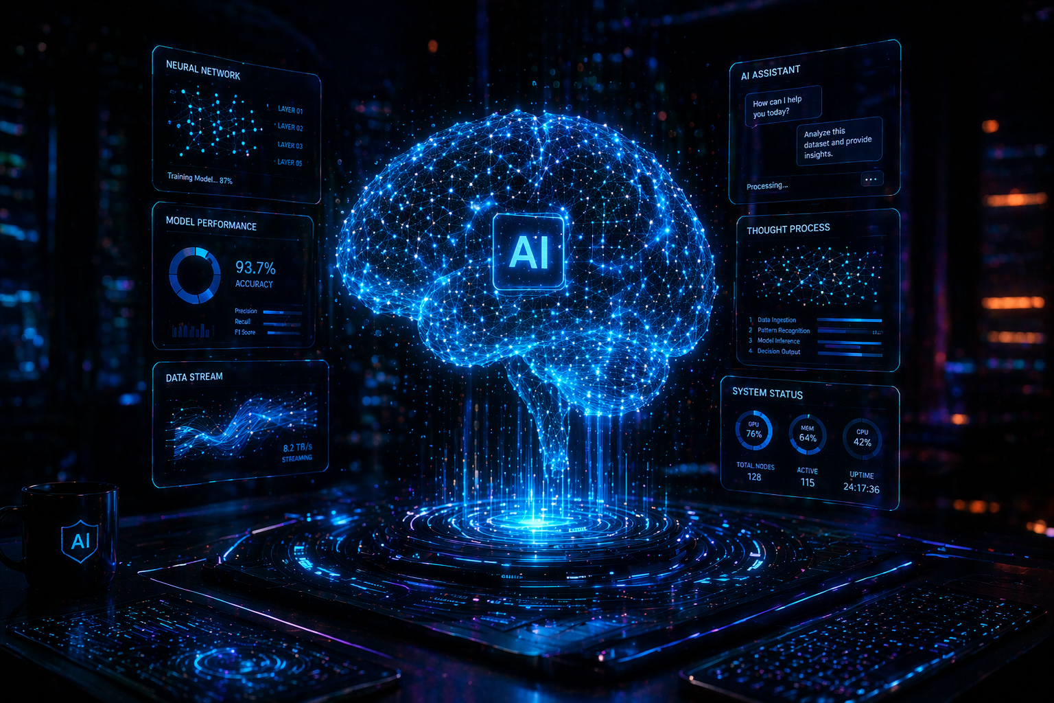Glowing artificial intelligence brain with digital neural network connections in a futuristic environment