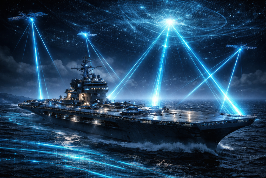 Cybersecurity high speed internet US Navy aircraft carrier connected to Starlink satellites at night