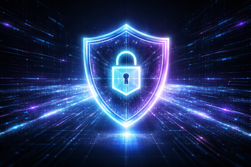 Futuristic cybersecurity shield protecting digital data with neon blue and purple lighting and holographic interface