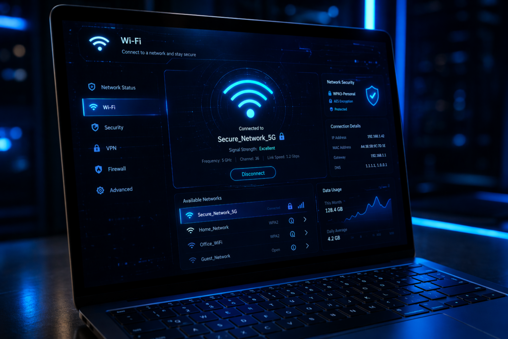 What is the network security key on Windows 10 laptop with neon blue Wi-Fi settings screen