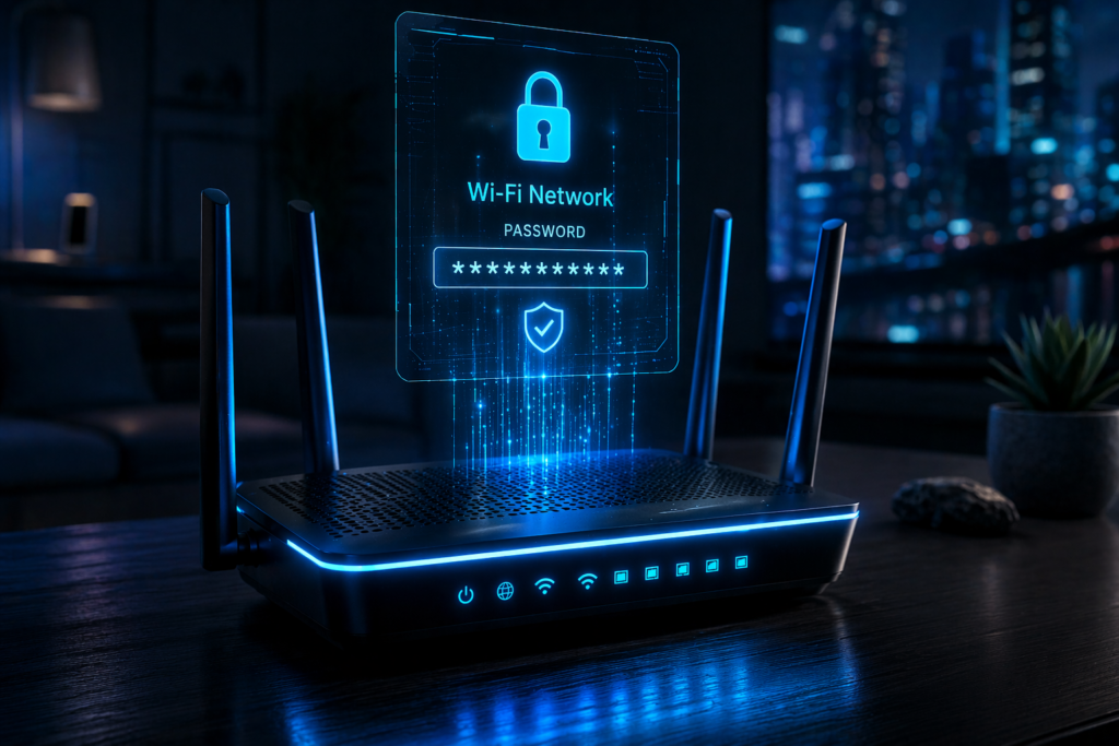 What is the network security key on the router with neon blue holographic password floating above