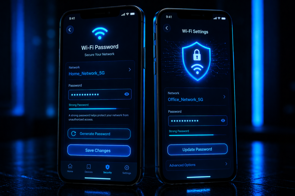 What is the network security key on Android and iPhone showing neon blue Wi-Fi password screens