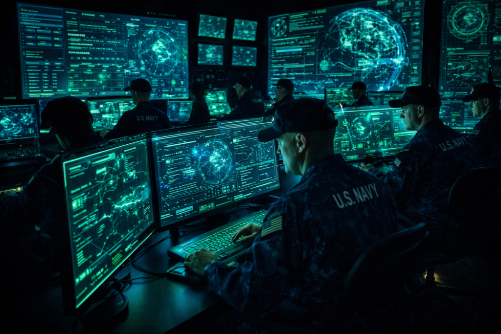 US Navy cybersecurity high speed internet command center with holographic neon screens