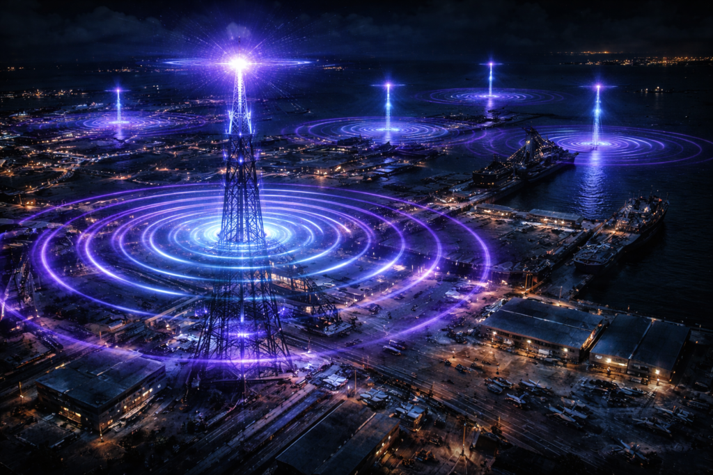 Cybersecurity high speed internet US Navy base with neon CBRS broadband spectrum waves