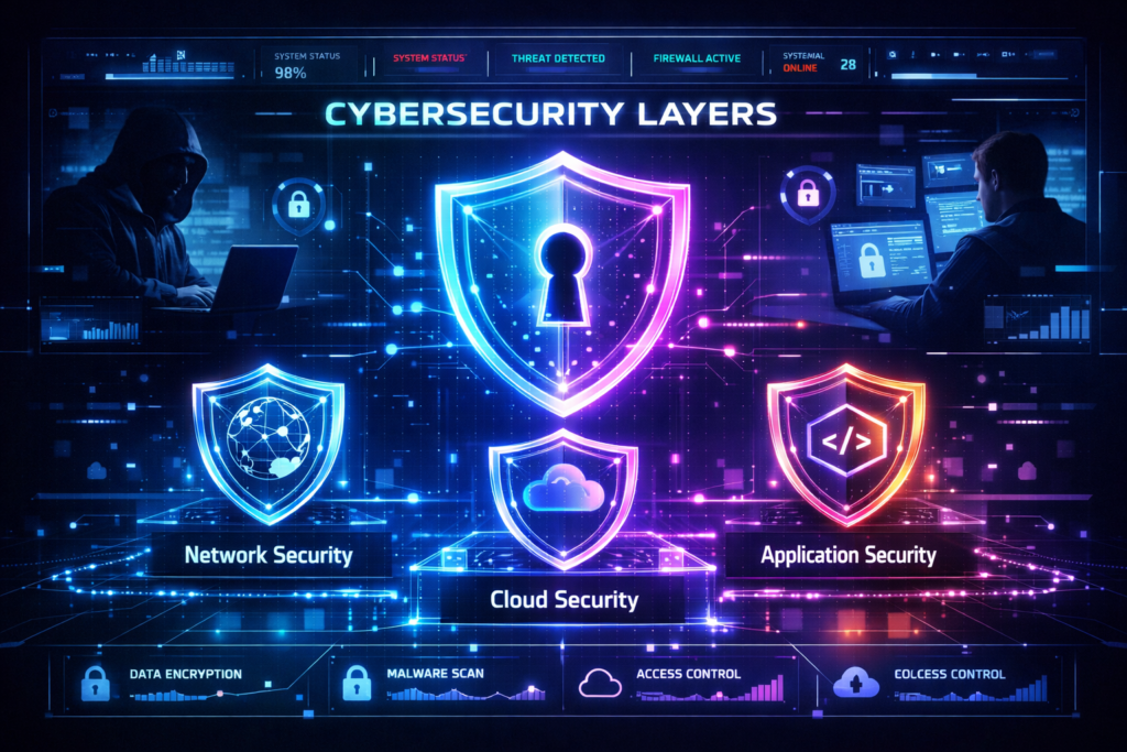 5 types of cyber security diagram including network application and cloud security