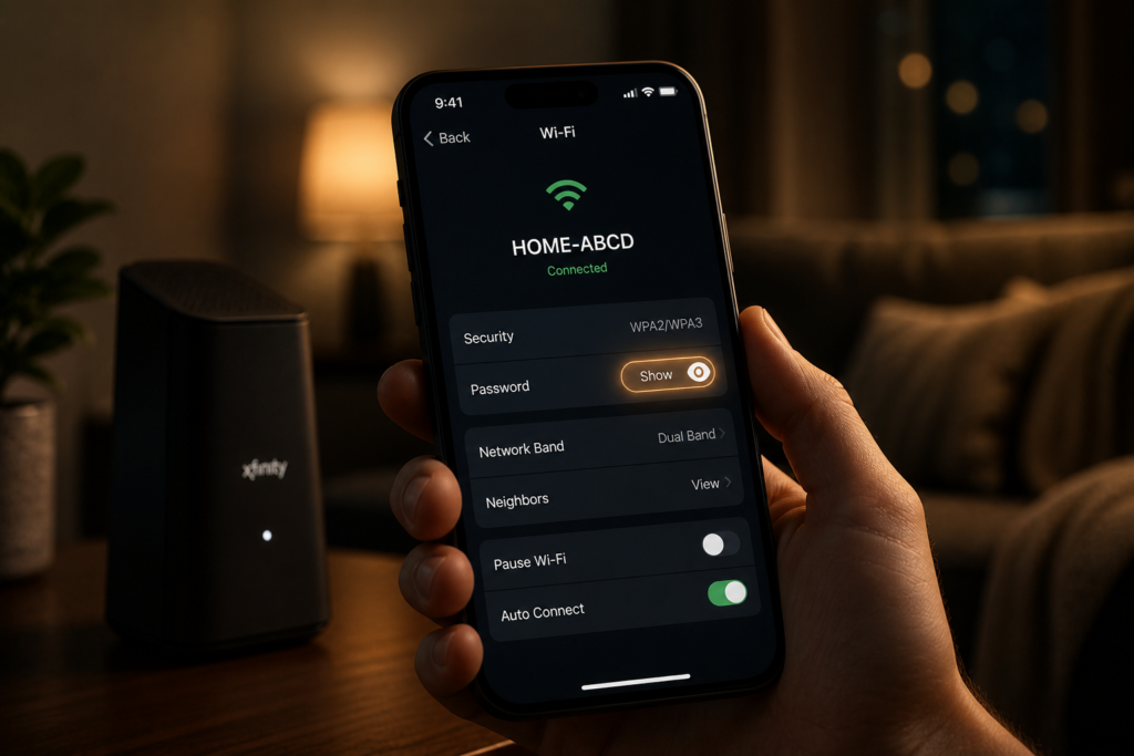 Comcast network security key Xfinity app phone