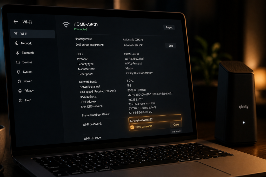 Comcast network security key Windows 10 settings