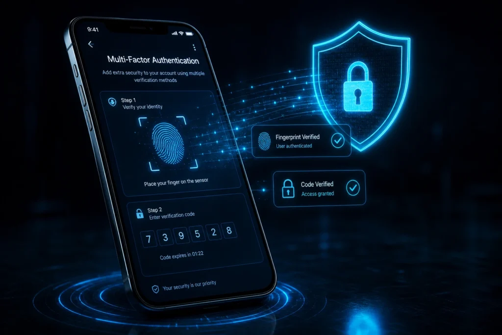 Home cybersecurity best practices MFA neon blue phone

